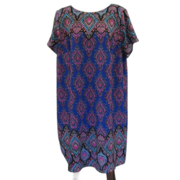 LONDON TIMES Short Sleeve Stretch Midi Dress Sz 22W Geometric Black Blue Purple - Picture 1 of 14